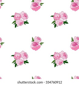 Floral Seamless Pattern. Pink Peonies on White  Background.