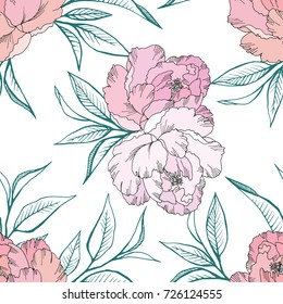 floral seamless pattern with pink peonies and green leaves in hand drawn line style. Romantic background on white