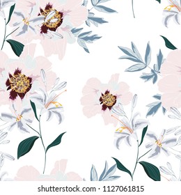 Floral Seamless Pattern with Pink Peony Flowers and lilies. Spring Blooming for Fabric, Prints, Wedding Decoration, Invitation, Wallpapers. Vector illustration. Vintage white background.