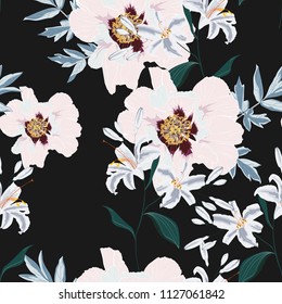 Floral Seamless Pattern with Pink Peony Flowers and lilies. Spring Blooming for Fabric, Prints, Wedding Decoration, Invitation, Wallpapers. Vector illustration. Vintage black background.