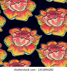 Floral seamless pattern with pink peony flowers on a dark background. Vintage background with peonies and roses.
