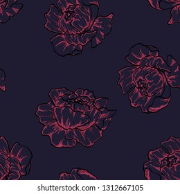 Floral seamless pattern with pink peony flowers and leaves on a dark background. Vintage background with peonies and roses.
