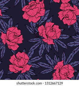 Floral seamless pattern with pink peony flowers and leaves on a dark background. Vintage background with peonies and roses.
