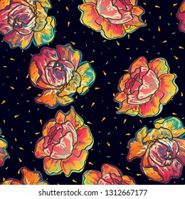 Floral seamless pattern with pink peony flowers on a dark background. Vintage background with peonies and roses.