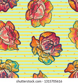 Floral seamless pattern with pink peony flowers on a dark background. Vintage background with peonies and roses.