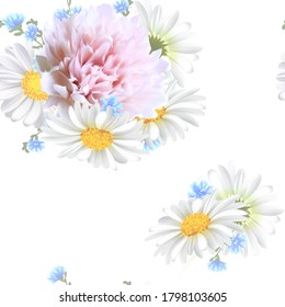 Floral Seamless Pattern with pink peony, Chamomile (Daisy), spring flowers. Blooming Flowers on white Background. Vector