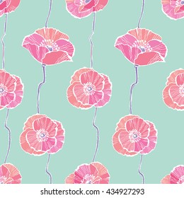 floral seamless pattern with pink poppies