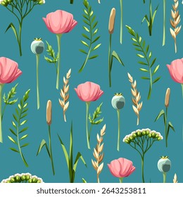 Floral seamless pattern with pink poppy flowers and wild grasses on a teal blue background. Vector floral print. Hand-drawn illustration, not AI
