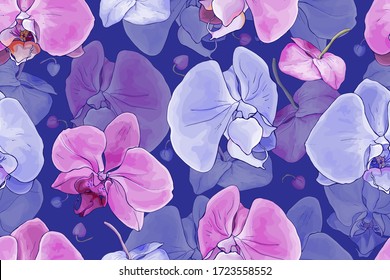 Floral sin fisuras con flores rosadas y violetas orquídeas sobre fondo azul oscuro. Dibujado a mano. Plantas tropicales para el diseño, textil, estampado, papel pintado, papel de envoltura. Ilustración de material vectorial.