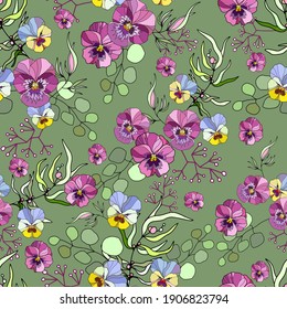 Patrón sin costuras florales, viola rosa, violeta y amarilla, orquídea, hoja sobre fondo verde, tema de cosecha en tonos pastel. Ilustración de material vectorial