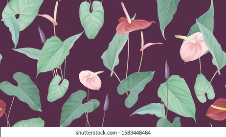 Floral seamless pattern, pink and red Anthurium flowers with leaves in blue tone on dark pink