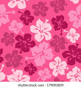 Floral seamless pattern of pink red Hawaiian hibiscus