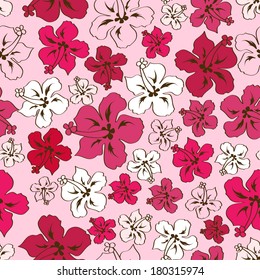 Floral seamless pattern of pink red Hawaiian hibiscus 