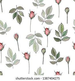 Floral seamless pattern with pink rose and green leaves. Pattern for wedding stationary, fashion, wallpapers, greetings, background for save the dates.