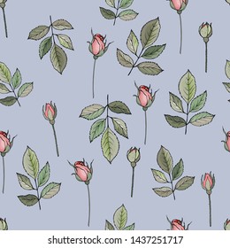 Floral seamless pattern with pink rose and green leaves on blue background. Pattern for wedding stationary, fashion, wallpapers, greetings, textile. Flower vector background.