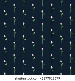 Floral seamless pattern with pink rose buds on a dark blue background. Can be used for fabric, textile, clothing, wallpapers or scrap booking. Vector illustration.