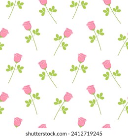 Floral seamless pattern with pink rose flower stems. Vector background illustration for Valentine's day decoration, wrapping, textile, fabric