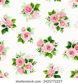 Floral seamless pattern with pink rose flowers and green leaves on a white background. Vector floral print. Hand-drawn illustration, not AI