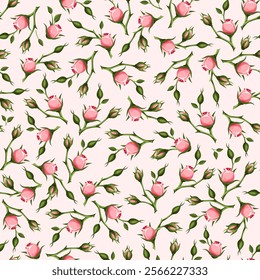 Floral seamless pattern with pink rose buds on a pink background. Vector floral print. Hand-drawn illustration, not AI