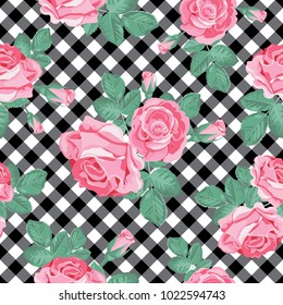 Floral seamless pattern. Pink roses on black and white gingham, chequered background. Vector illustration.