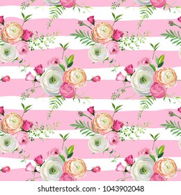 Floral Seamless Pattern with Pink Roses and Ranunculus Flowers. Botanical Background for Fabric Textile, Wallpaper, Wrapping Paper and Decor. Vector illustration