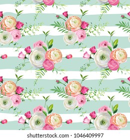 Patrón floral sin foco con rosas rosadas y flores ranunculus. Fondo botánico para tela textil, papel tapiz, papel envuelto y decoración. Ilustración del vector