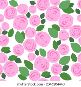 Floral seamless pattern. Pink roses and green leaves on a white background. Vector illustration. 