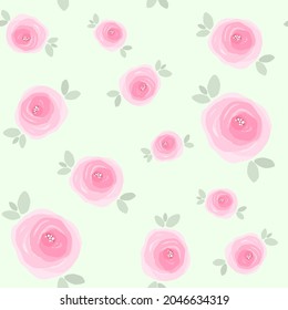 Floral seamless pattern. Pink roses with leaves on a green background. Vector illustration. 