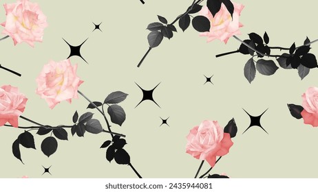 Floral seamless pattern, pink roses with black leaves on light green background