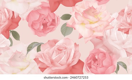 Floral seamless pattern, pink roses on light pink background