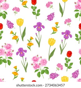 Floral seamless pattern with pink roses, irises, marigold, lilac, tulip and geranium. Botanical background. Vector cartoon flat illustration.