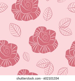 Floral seamless pattern of the pink roses and leaves