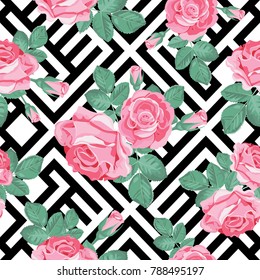 Floral seamless pattern. Pink roses with leaves on black and white geometric background. Vector illustration.