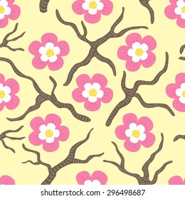 floral seamless pattern with pink sakura flowers on cream background