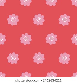 Patrón floral sin costuras con flores simples de color rosa sobre fondo rojo. Perfecto para saludos de verano, Fondo de pantalla, papel de embalaje, tela. Ilustración vectorial