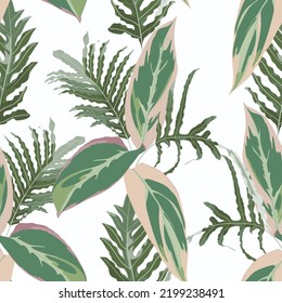 Floral seamless pattern, pink tropical  leaves on white background.