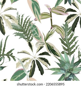 Floral seamless pattern, pink tropical  leaves on white background.