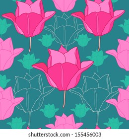 Floral seamless pattern with pink tulips. Vector background with flowers. Hand drawn artwork for textiles, fabrics, souvenirs, packaging and greeting cards. 
