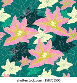 Floral seamless pattern with pink tulips. Vector background with flowers. Hand drawn artwork for textiles, fabrics, souvenirs, packaging and greeting cards.