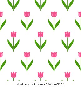 Floral seamless pattern with pink Tulips on white background. Vector illustration.