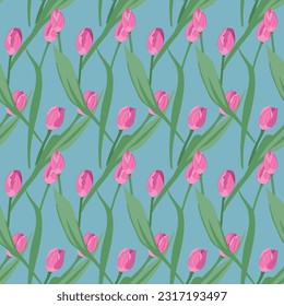 Patrón floral sin soldadura con tulipanes rosados. Flores vectoriales planas con hojas sobre fondo azul. Ideal para envolver papel, fondo, papel pintado, textil, pancarta