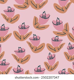 Floral seamless pattern with pink tulips and leaves. Vector background, print, design