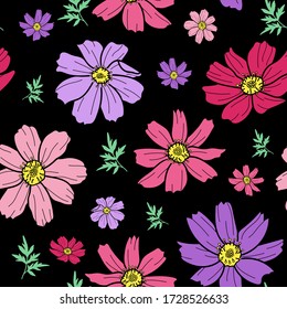 Floral sin costura con flores rosadas y violetas y hojas sobre fondo negro. Ideal para fondo de pantalla de primavera y verano, fondos de fondo, invitaciones, proyectos de diseño de envases.