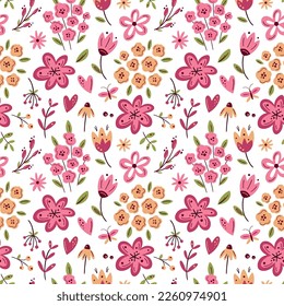 Floral seamless pattern in pink and viva magenta colours. For surface or textile design, covers, wallpapers, print. Spring holidays, wedding or birthday cards, mother day greeting