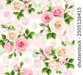 Floral seamless pattern with pink and white rose flowers and green leaves on a pink background. Vector vintage floral print. Hand-drawn illustration, not AI
