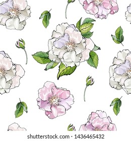 Floral seamless pattern with pink and white wild rose and green leaves. Beautiful Pattern for wedding stationary, fashion, wallpapers, greetings, background for web pages. Flower vector background.