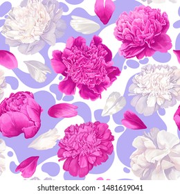 Floral seamless pattern with pink and white peonies on substrate with purple spots. Background for prints, fabric, invitation cards, wedding decoration, wallpapers, wrapping paper. Realistic style.