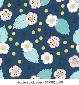 Floral seamless pattern, pink, white flowers, turquoise leaves, golden organic shapes on a navy blue background. All over print perfect for textiles, custom fabrics, wrapping paper, cover, invitation.