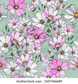 Floral seamless pattern with pink and white cosmos flowers on green background. For textile, wallpaper, wrapping paper, print, greeting. Vector.