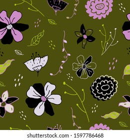 Floral seamless pattern in pink white brown colors for package design, web, fabric, wrapping paper, gifts. pink white brown flowers wallpaper for background in trendy cute hand drawn style
